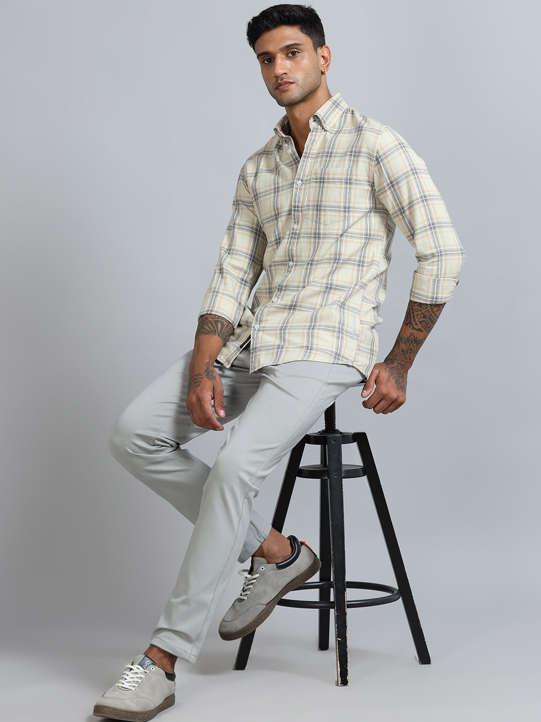 

HOUSE OF MAHNOTS Men Classic Relaxed Fit Tartan Checked Cotton Casual Shirt, Beige