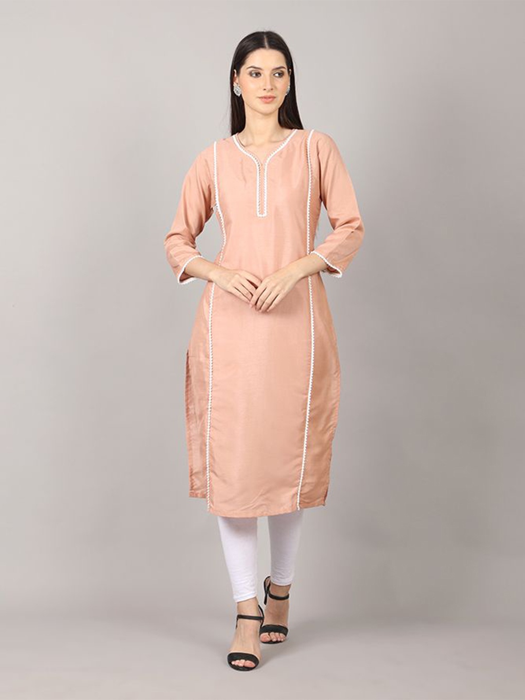 

Krimmple Women V-Neck Kurta, Peach