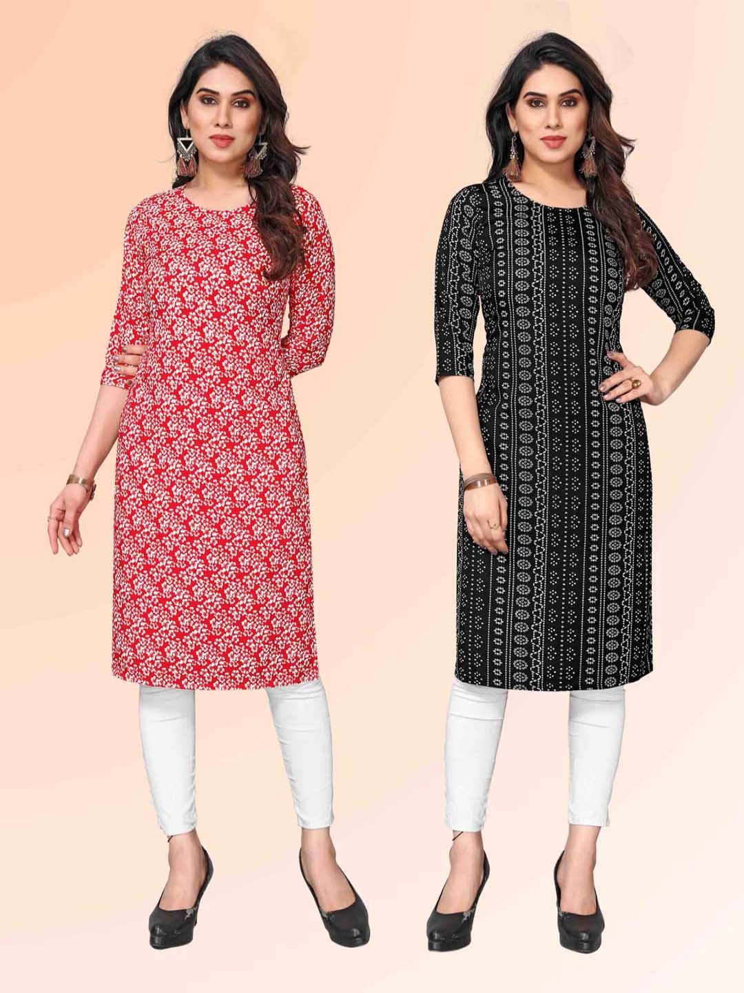

KETAKI FASHION Selection Of 2 Floral Printed Round Neck Straight Kurtas, Red