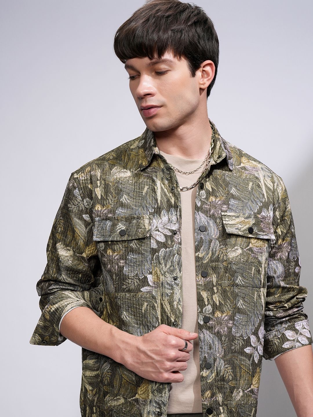 

HIGHLANDER Men Quilted Printed Utility Pocket Relaxed Overshirt, Olive