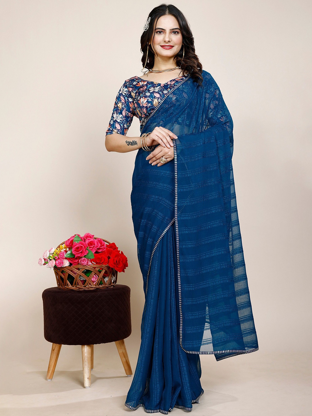 

K 5 Fashion Embroidered Pure Chiffon Saree, Teal
