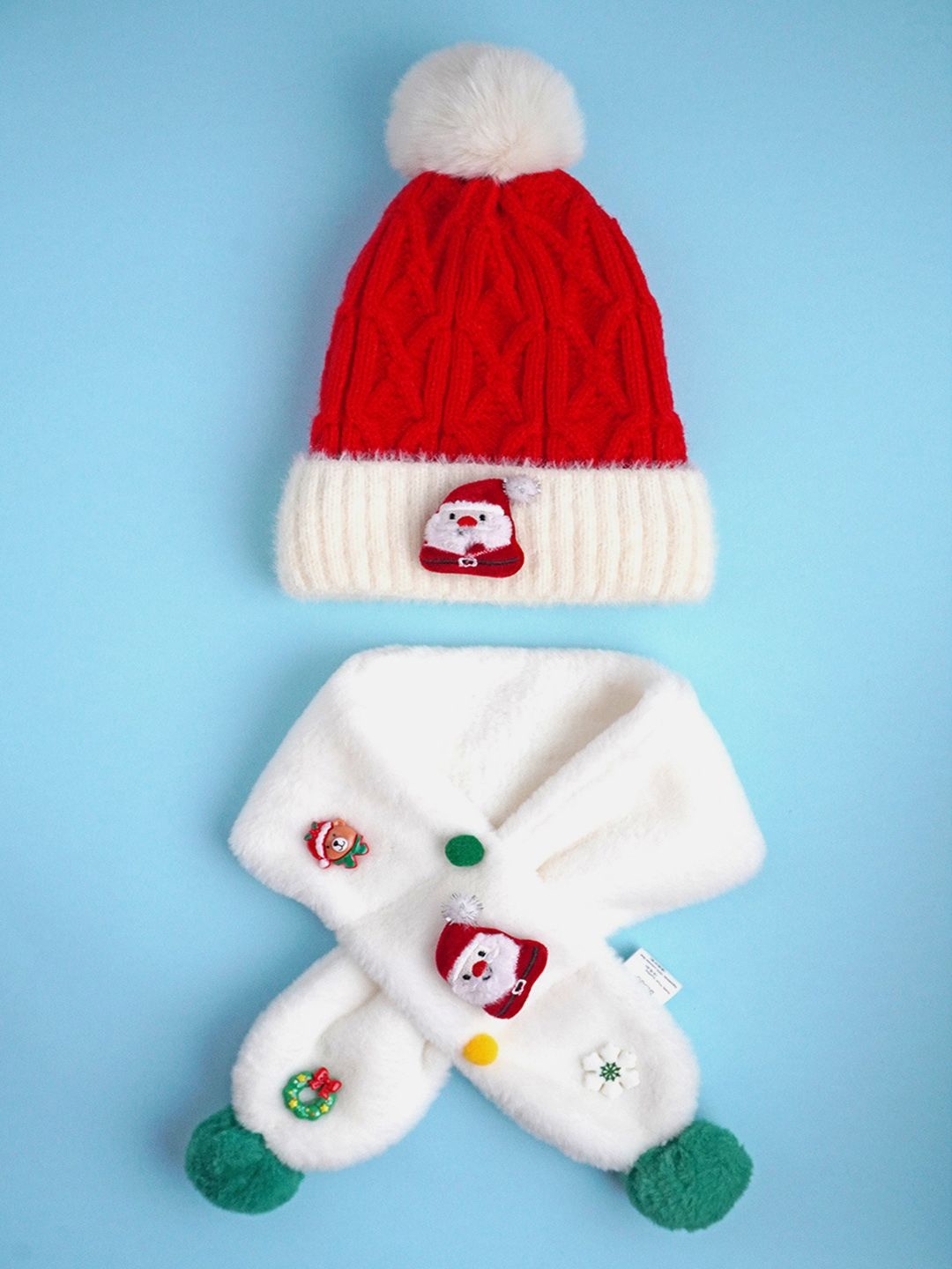 

Little Surprise Box LLP Kids 2Pcs Christmas Themed Winter Cap Beanie With Long Muffler, White