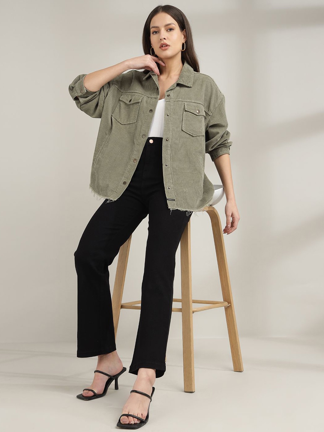 

Xpose Women Comfort Fit Cuban Collar Textured Corduroy Casual Shirt, Olive