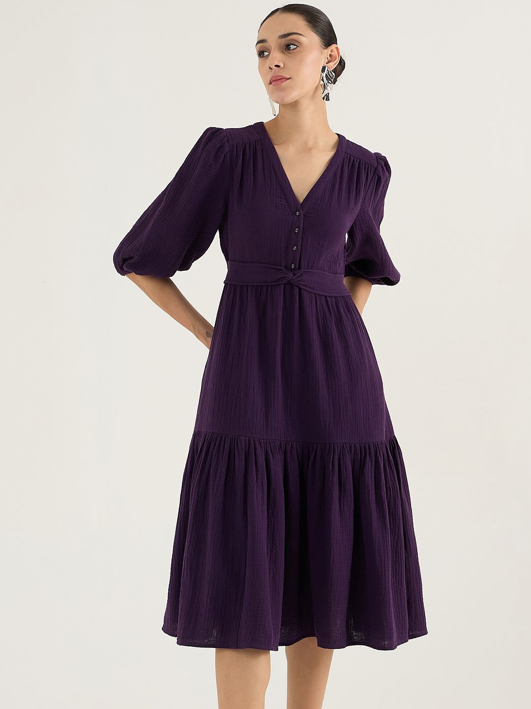 

FEMMELLA Cotton Puff Sleeve Fit and Flare Knot Detail Midi Dress, Purple