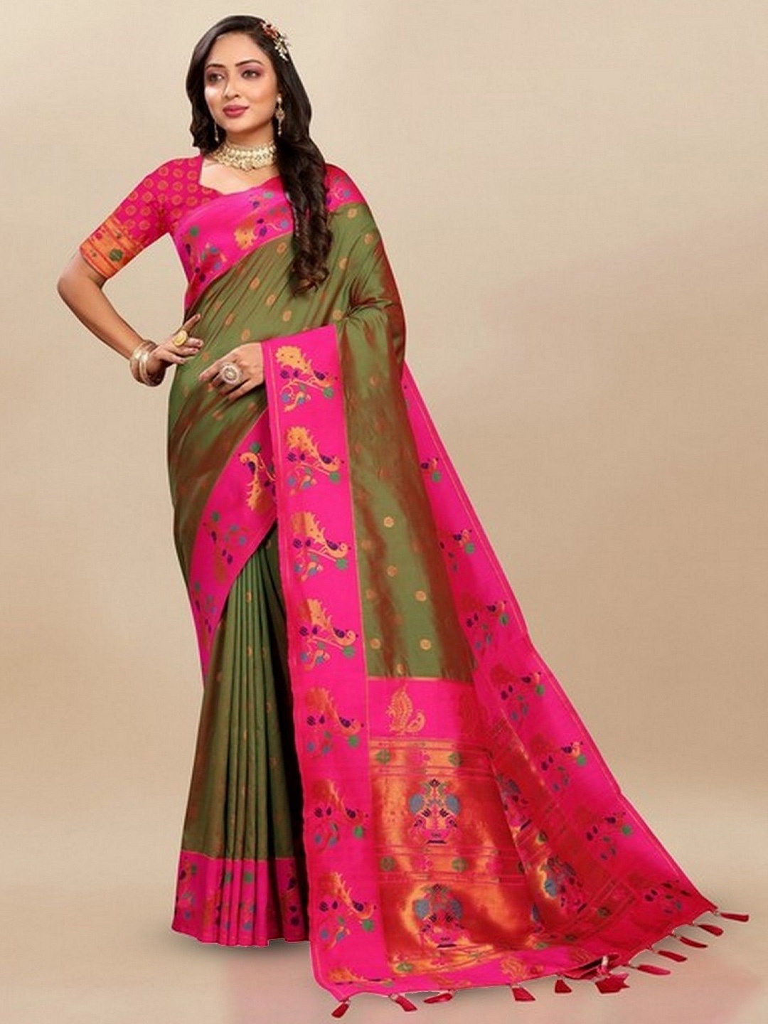 

VARNI FABRICS Woven Design Pure Silk Paithani Saree, Green