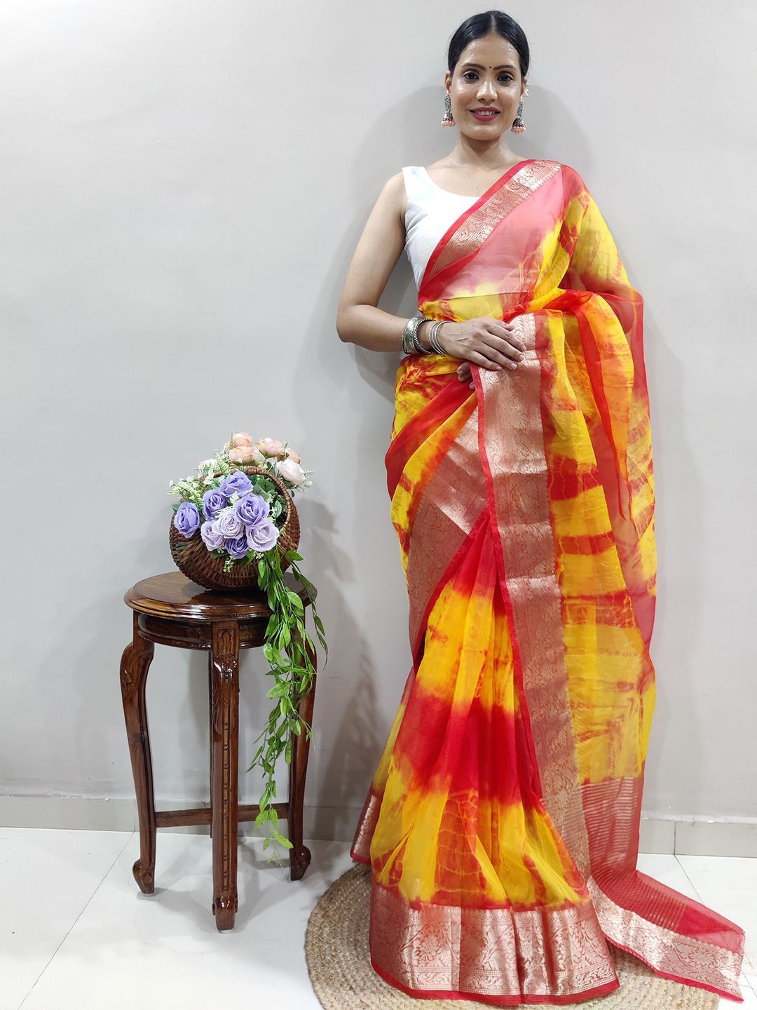 

Mitera Women Tie and Dye Zari Organza Saree, Yellow