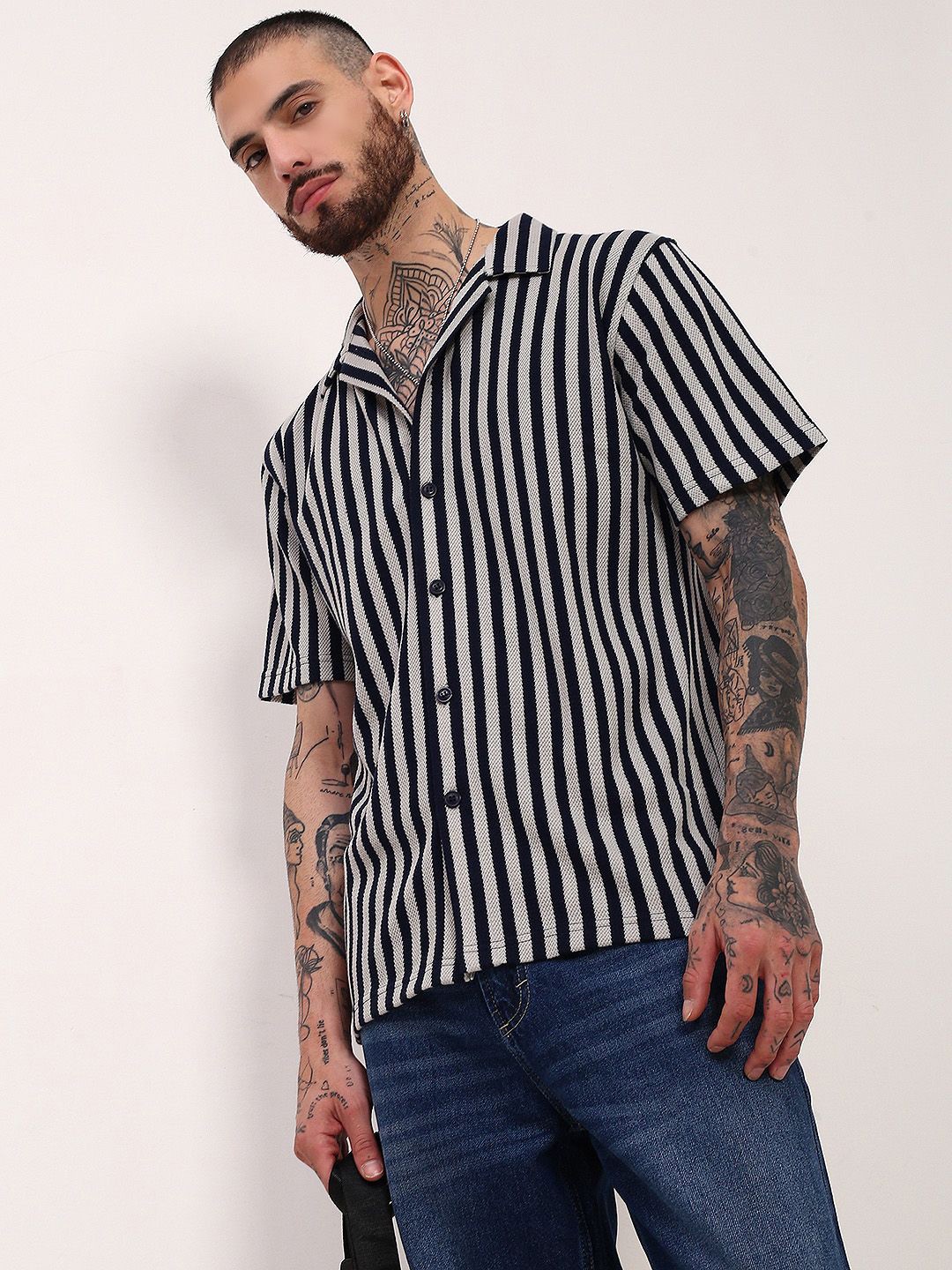 

SHOWOFF Men Comfort Relaxed Fit Cuban Collar Vertical Striped Cotton Casual Shirt, Beige
