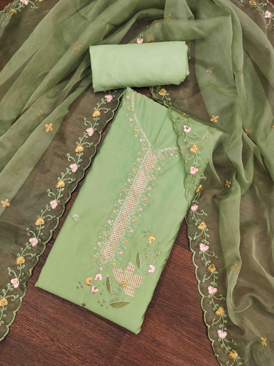 

KALINI Embroidered Unstitched Dress Material, Green