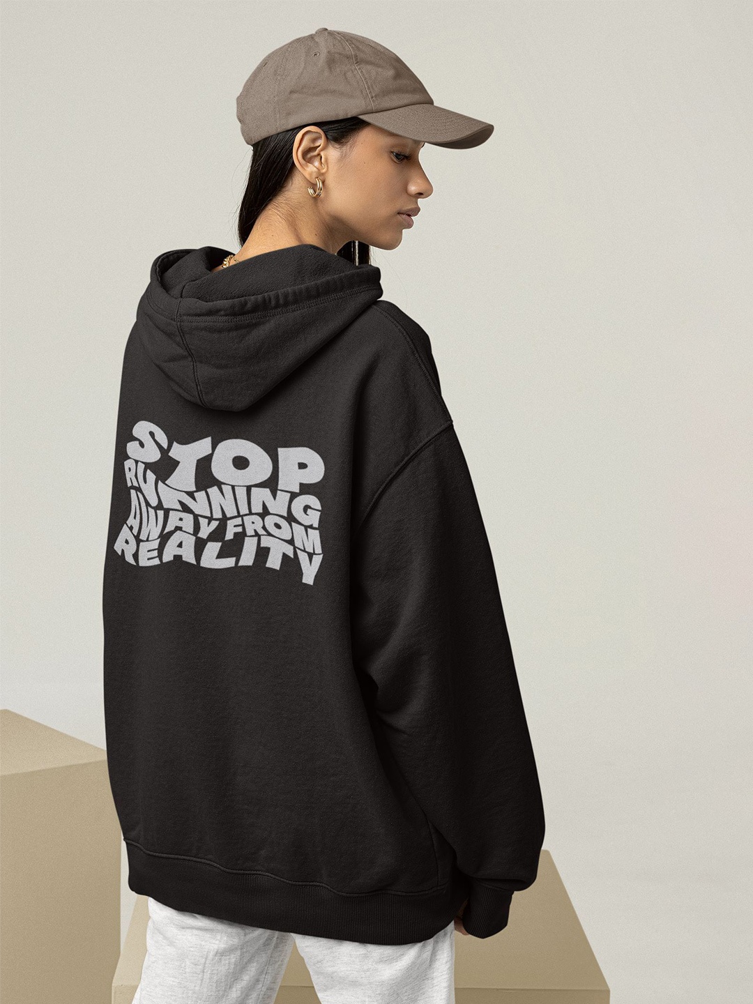 

TheBTclub Women Stop Running Away Printed Hooded Sweatshirt, Black