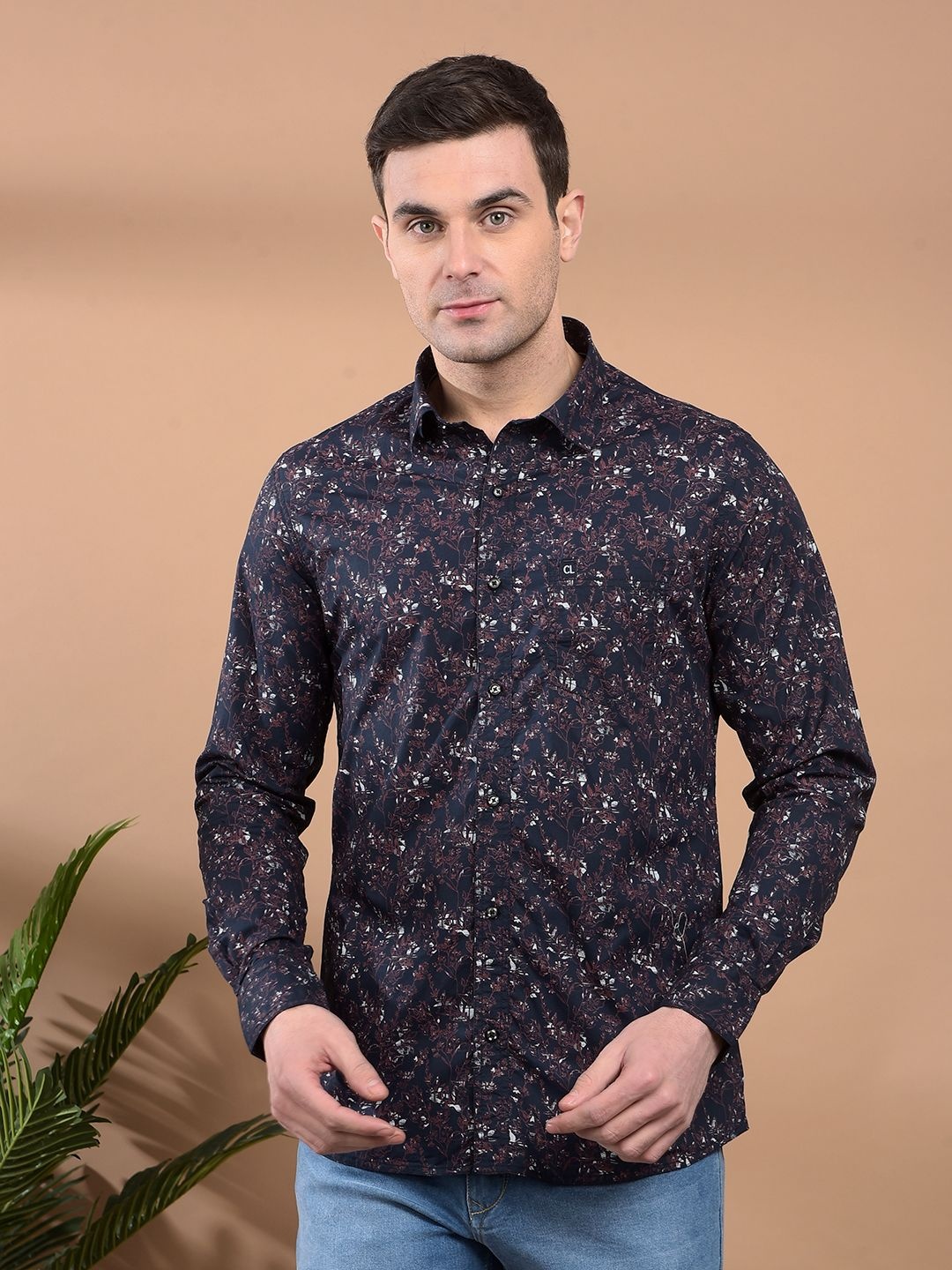 

Canary London Men Smart Slim Fit Spread Collar Floral Printed Cotton Casual Shirt, Navy blue