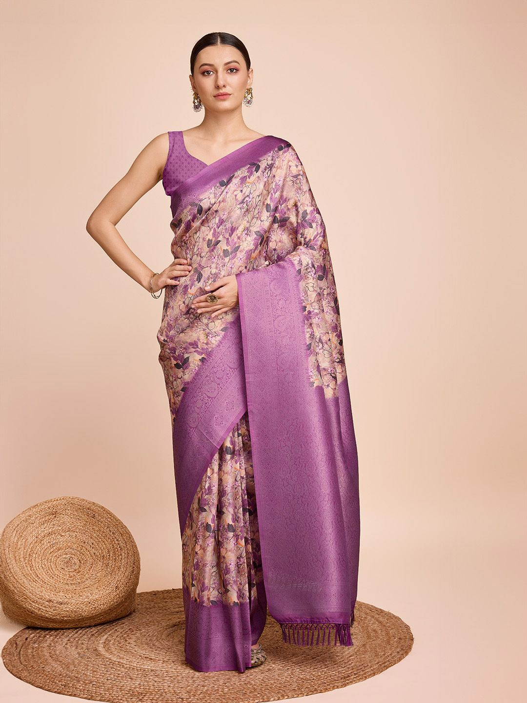 

Munir Floral Printed Zari Kanjeevaram Saree, Purple
