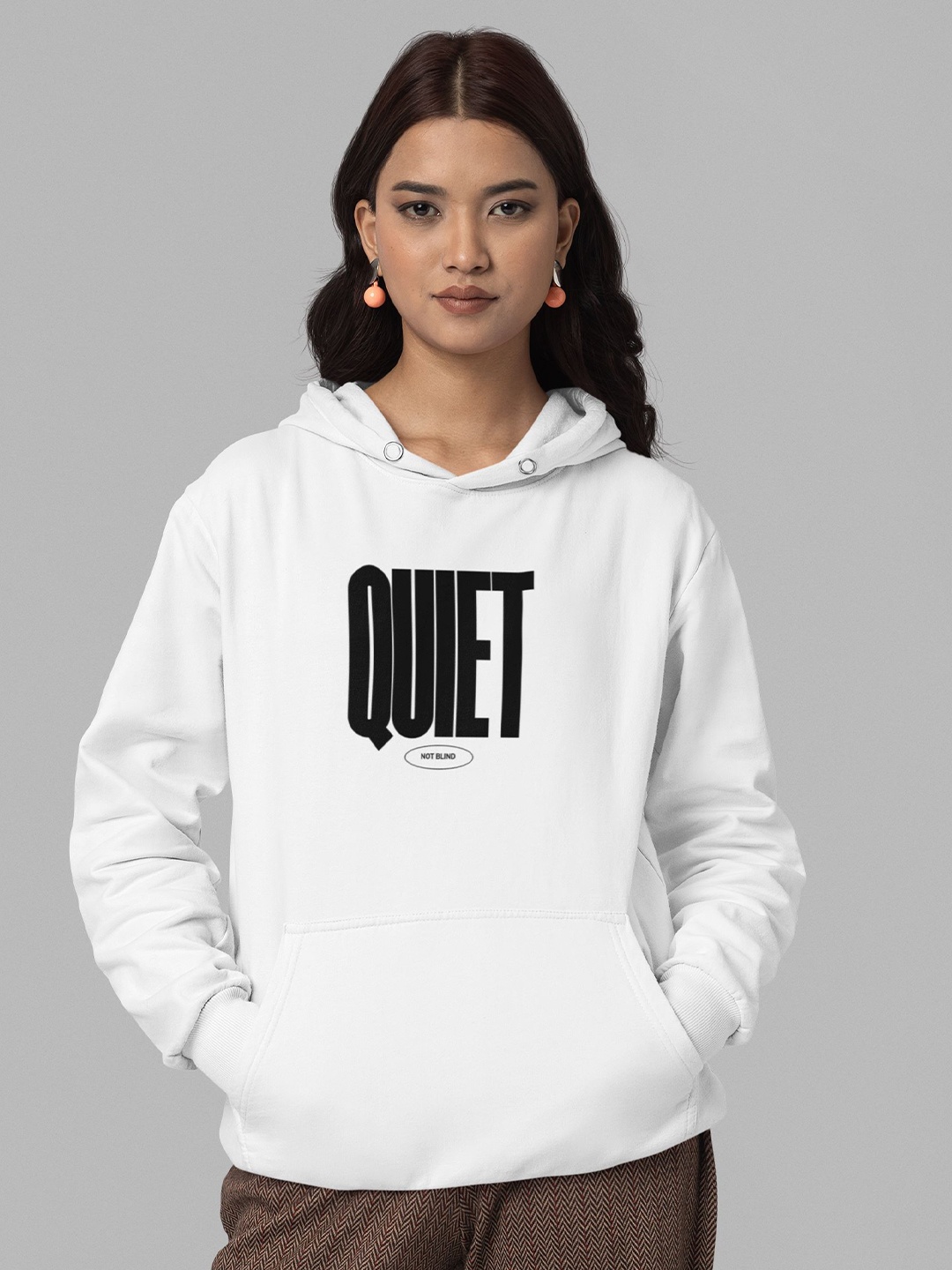 

TheBTclub Women Quiet Not Blind Hooded Sweatshirt, White