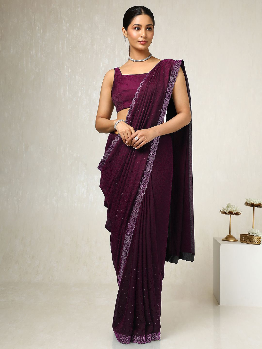 

Soch Floral Beads and Stones Pure Chiffon Saree, Purple