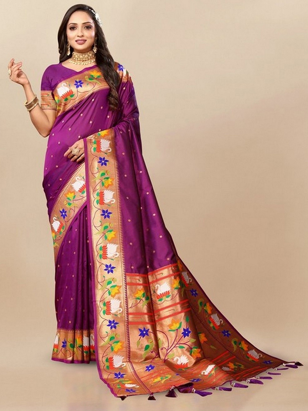 

VARNI FABRICS Woven Design Zari Pure Silk Paithani Saree, Purple
