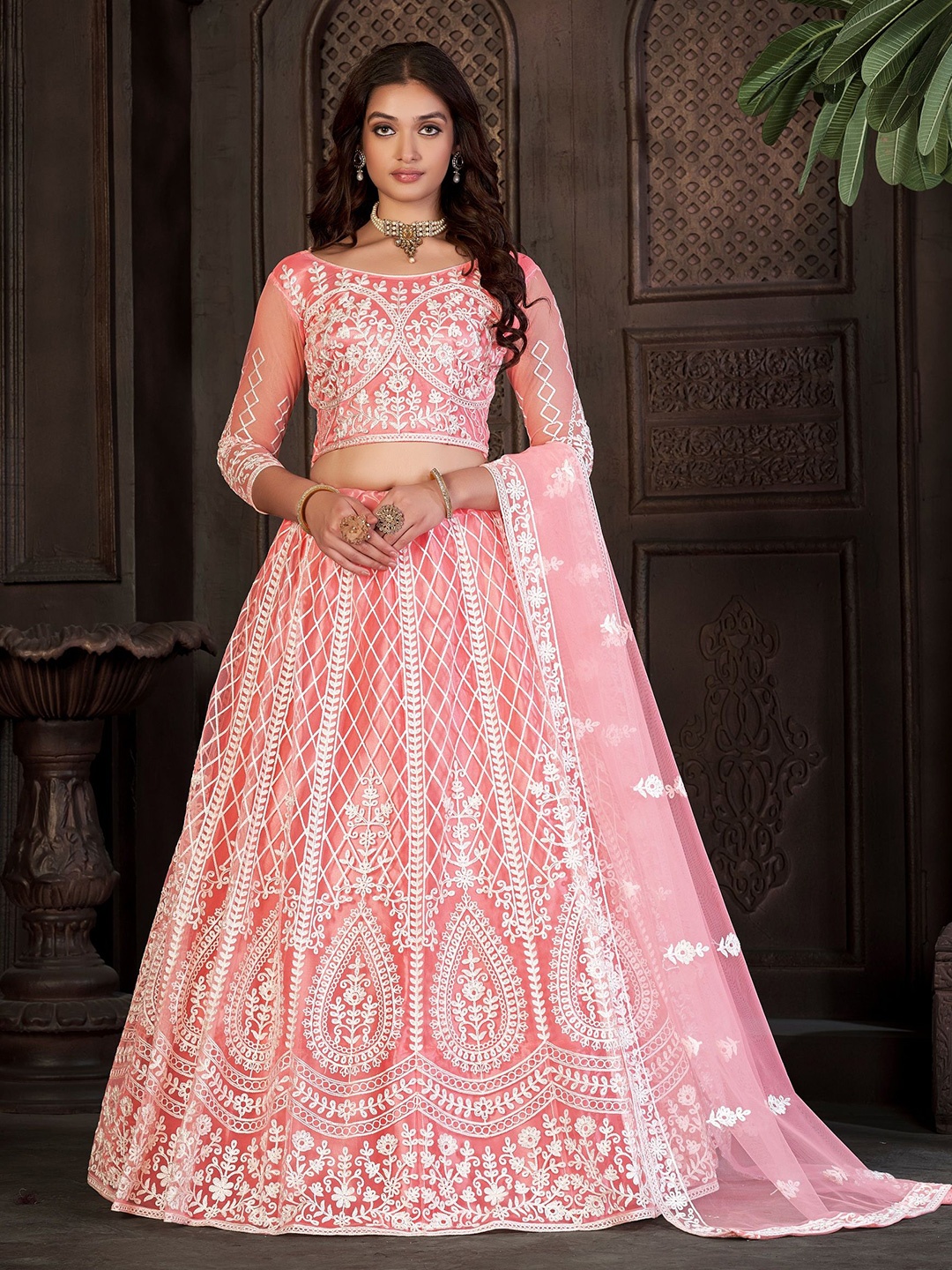 

KALINI Embroidered Thread Work Semi-Stitched Lehenga & Unstitched Blouse With Dupatta, Peach