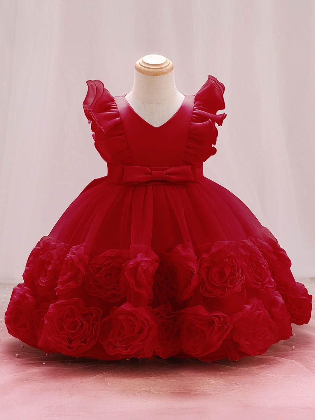 

Xsole Girls V-Neck Corsage And Ruffles Detail Fit & Flare Dress, Red