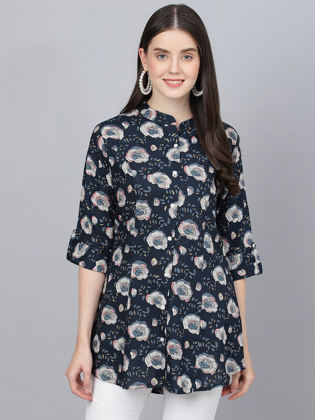 

BAESD Floral Printed Mandarin Collar Roll-Up Sleeves A-Line Top, Navy blue
