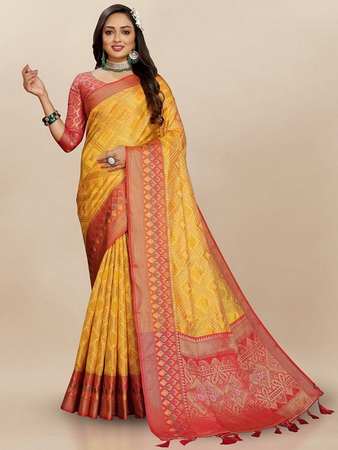 

VARNI FABRICS Woven Design Zari Pure Silk Banarasi Saree, Yellow