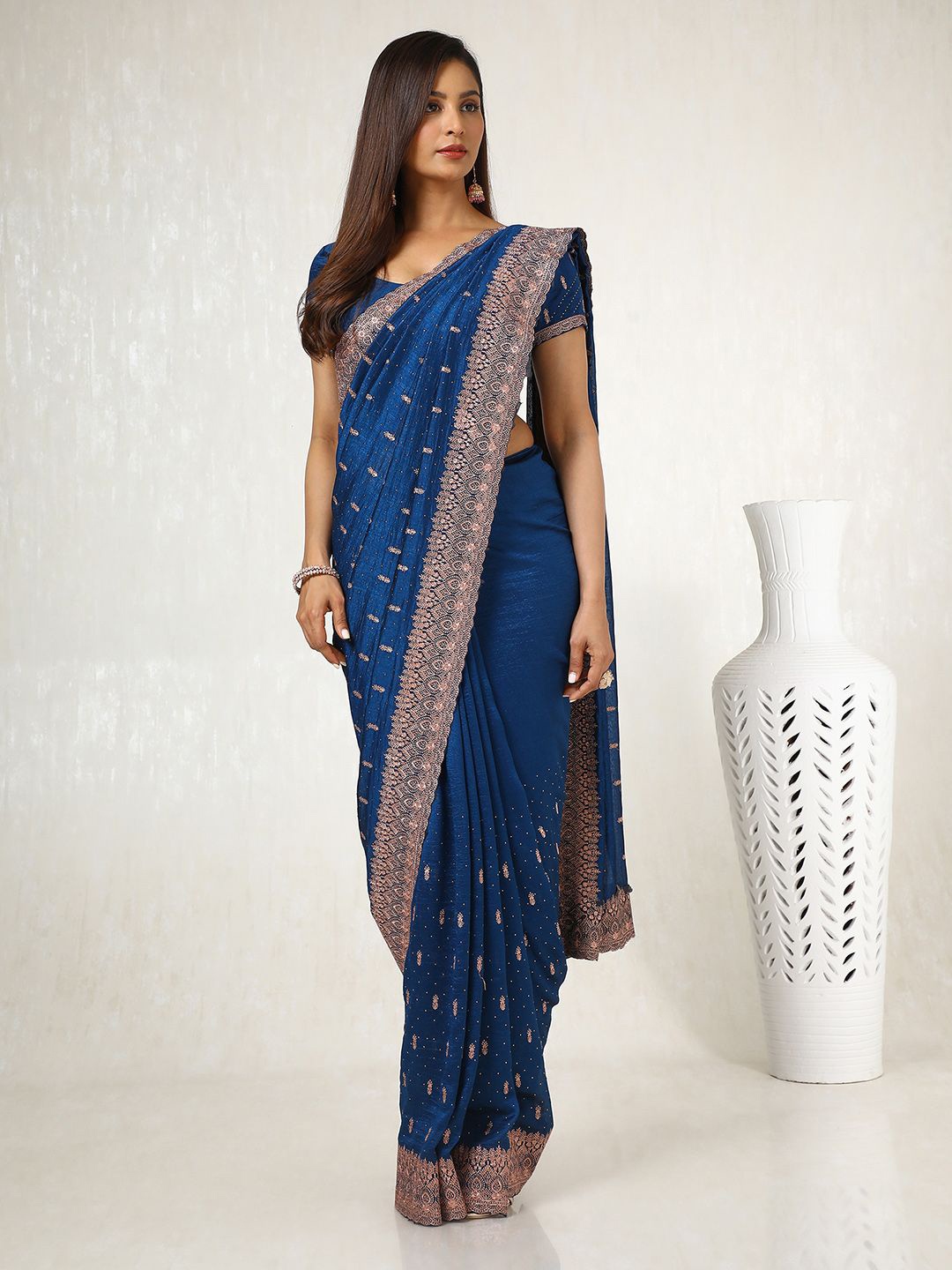 

Soch Ethnic Motifs Beads and Stones Silk Blend Tussar Saree, Blue