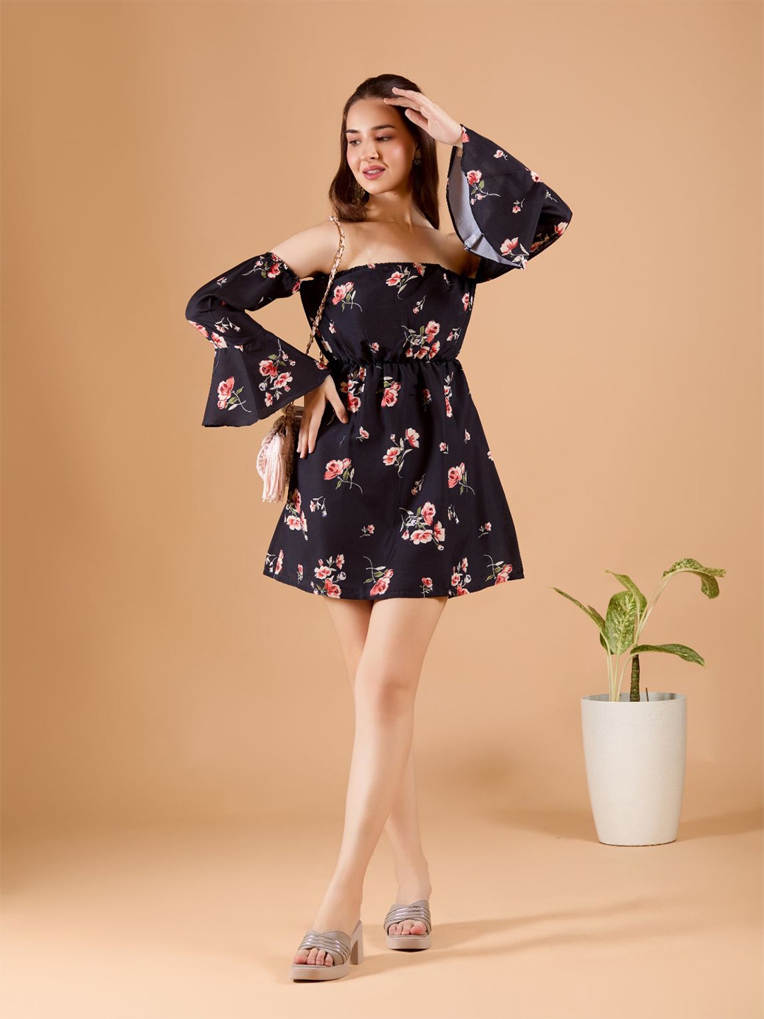 

DressBerry Floral Print Bell Sleeve Fit & Flare Mini Dress, Black