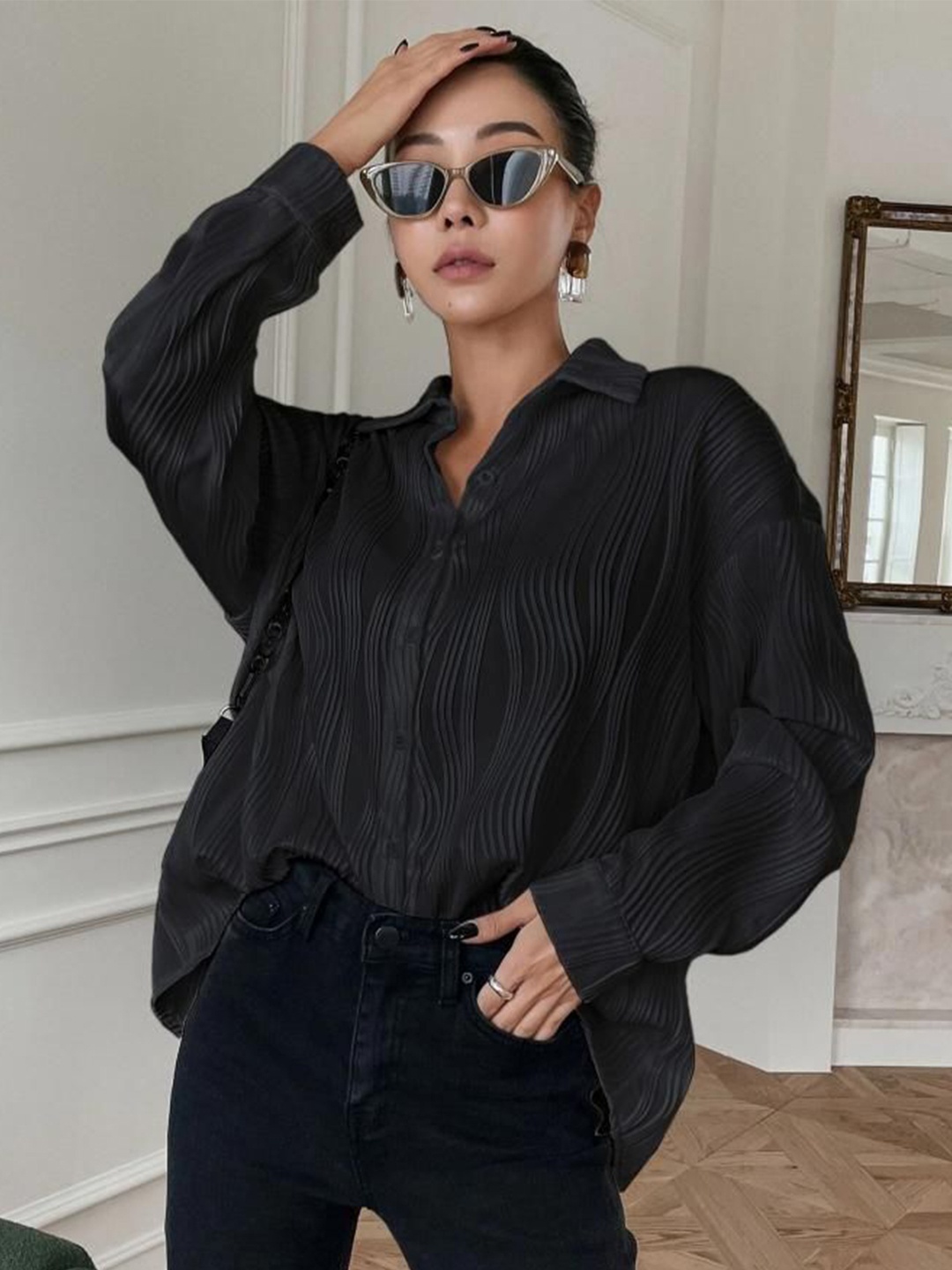 

Mast & Harbour Women Spread Collar Textured Casual Shirt, Black