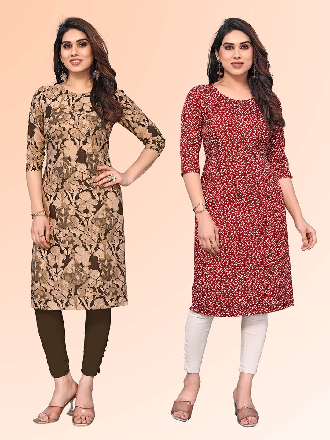 

KETAKI FASHION Selection Of 2 Abstract Printed Round Neck Straight Kurtas, Brown