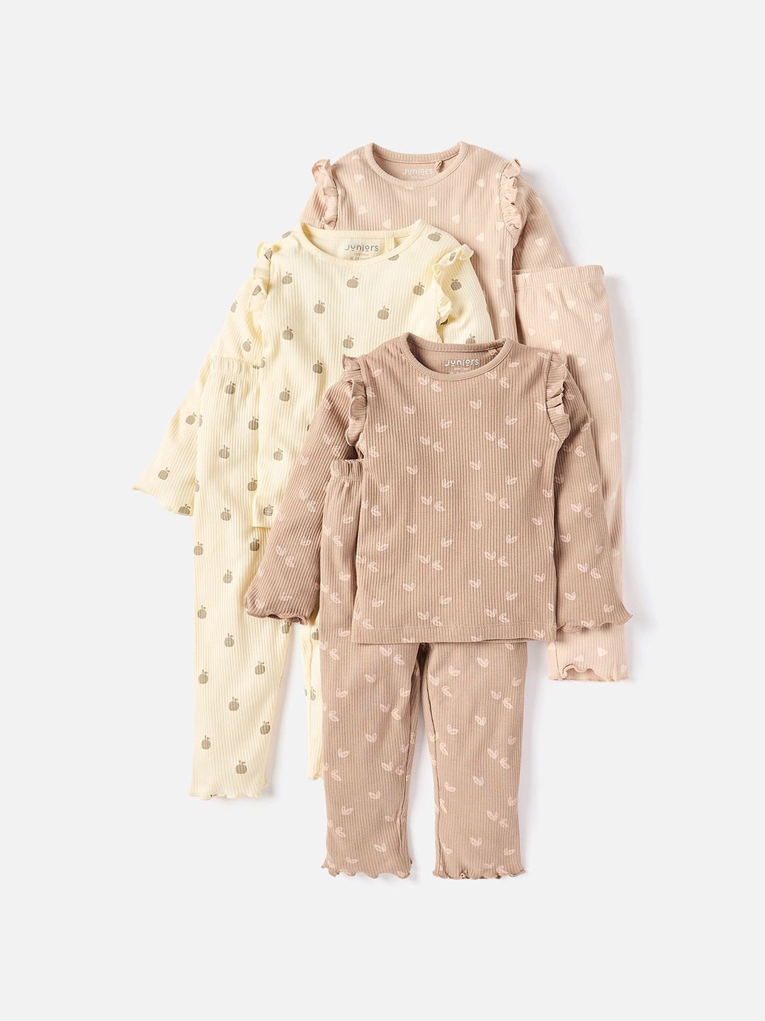 

Juniors by Babyshop Girls Pack Of 3 Printed Pure Cotton Top With Trouser, Cream
