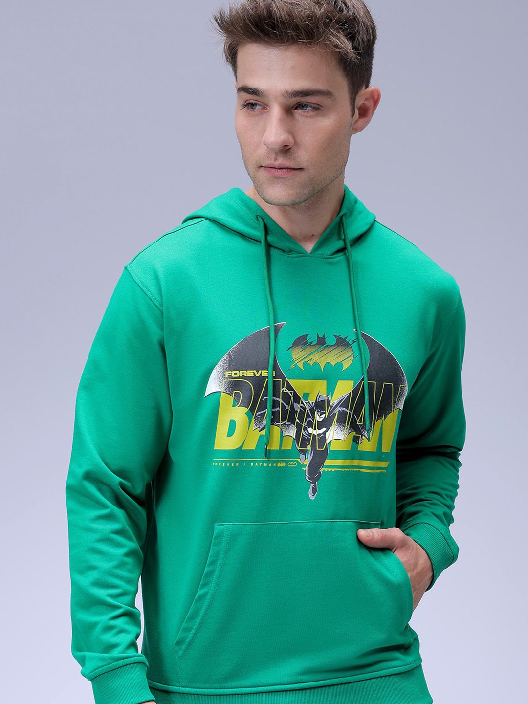 

The Indian Garage Co Men Oversized Batman Printed Overhead Hooded Sweatshirt, Green