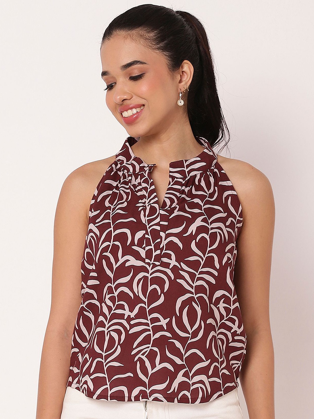 

Moomaya Tropical Print Mandarin Collar Top, Maroon