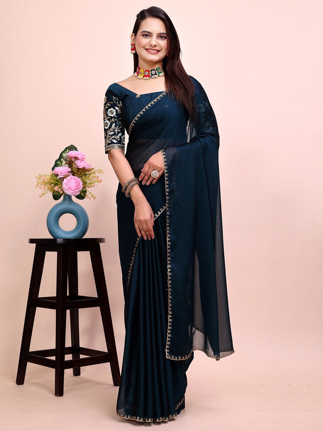 

K 5 Fashion Embroidered Pure Chiffon Saree, Blue