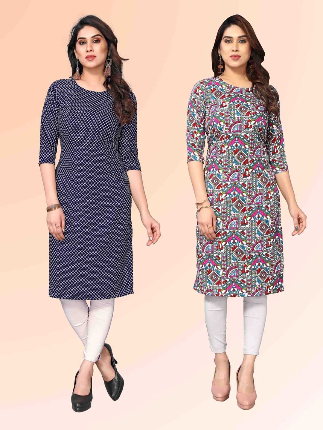 

KETAKI FASHION Selection Of 2 Checked Printed Round Neck Straight Kurtas, Blue