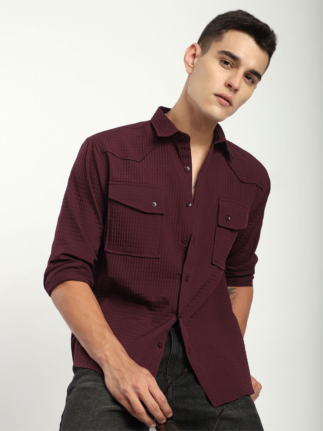 

Beyoung Men Spread Collar Textured Casual Shirt, Maroon