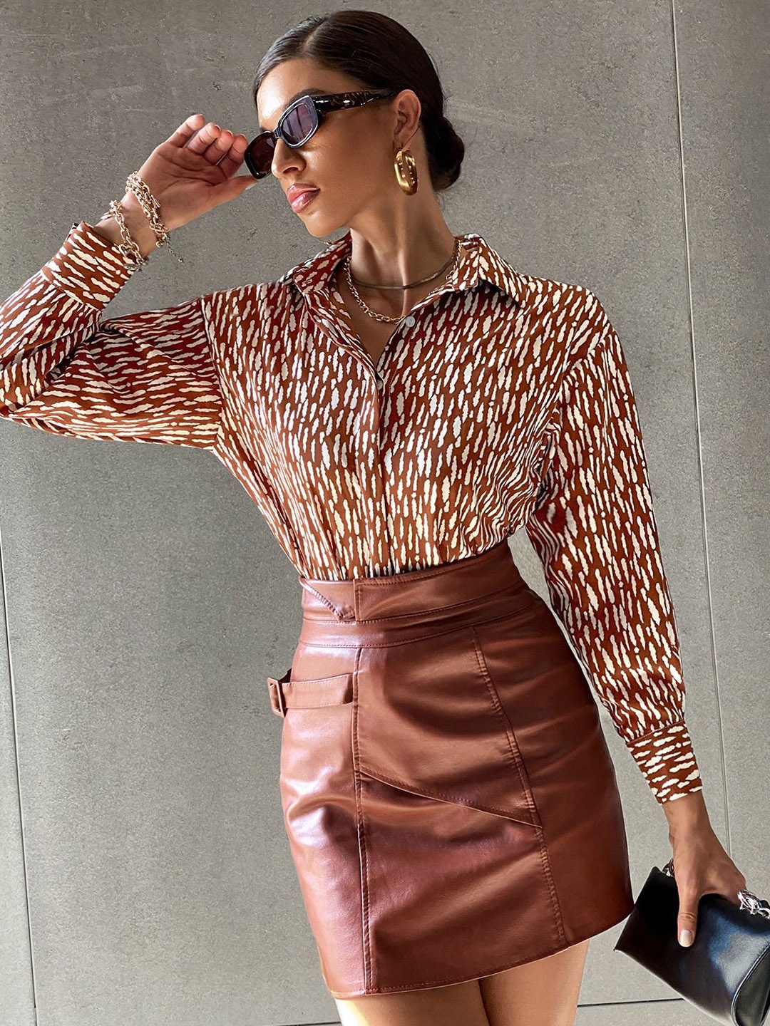 

Mast & Harbour Women Spread Collar Animal Printed Casual Shirt, Brown