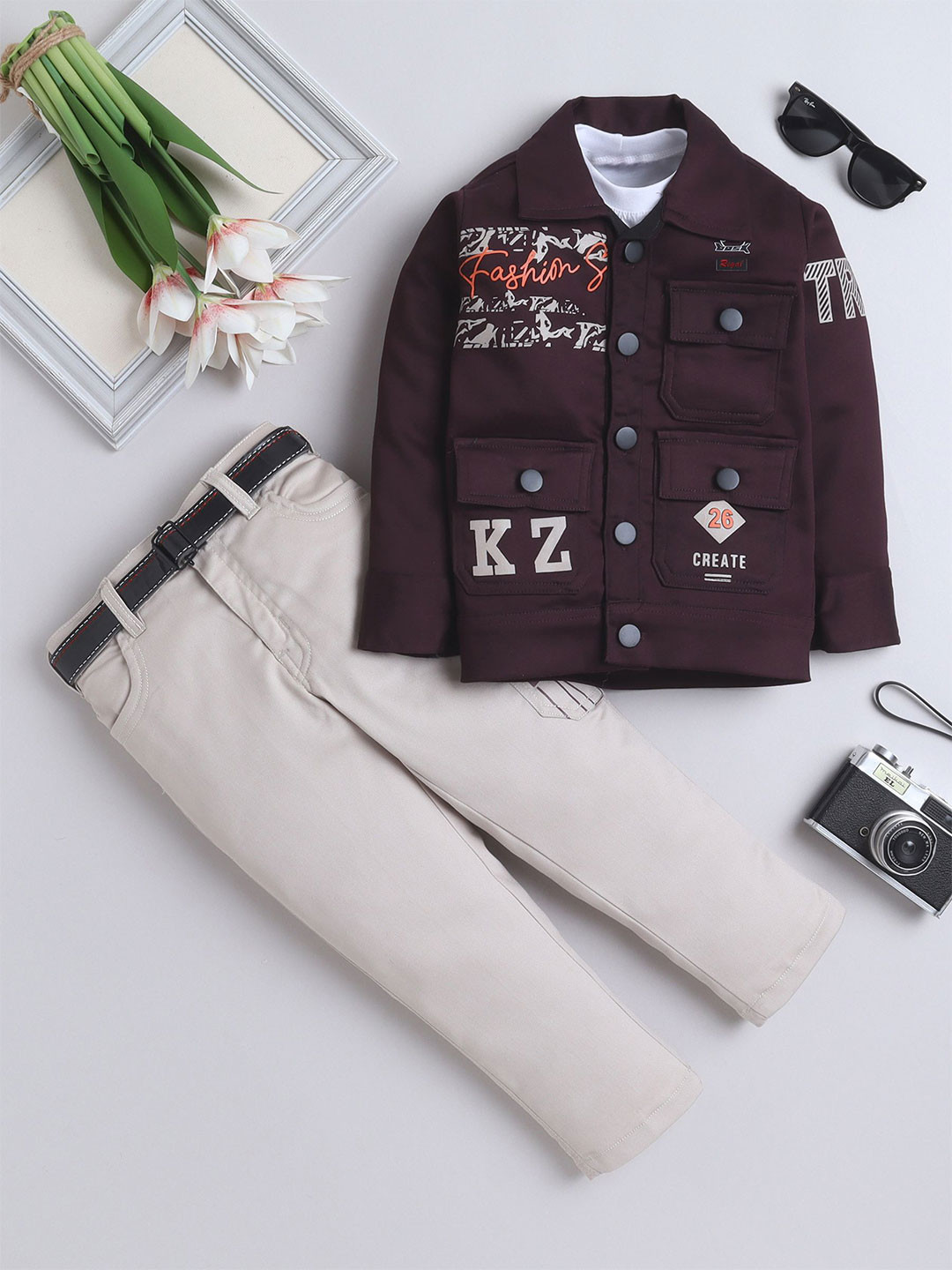 

BAESD Boys Printed Shirt Collar Jacket With Trouser & T-Shirt, Burgundy