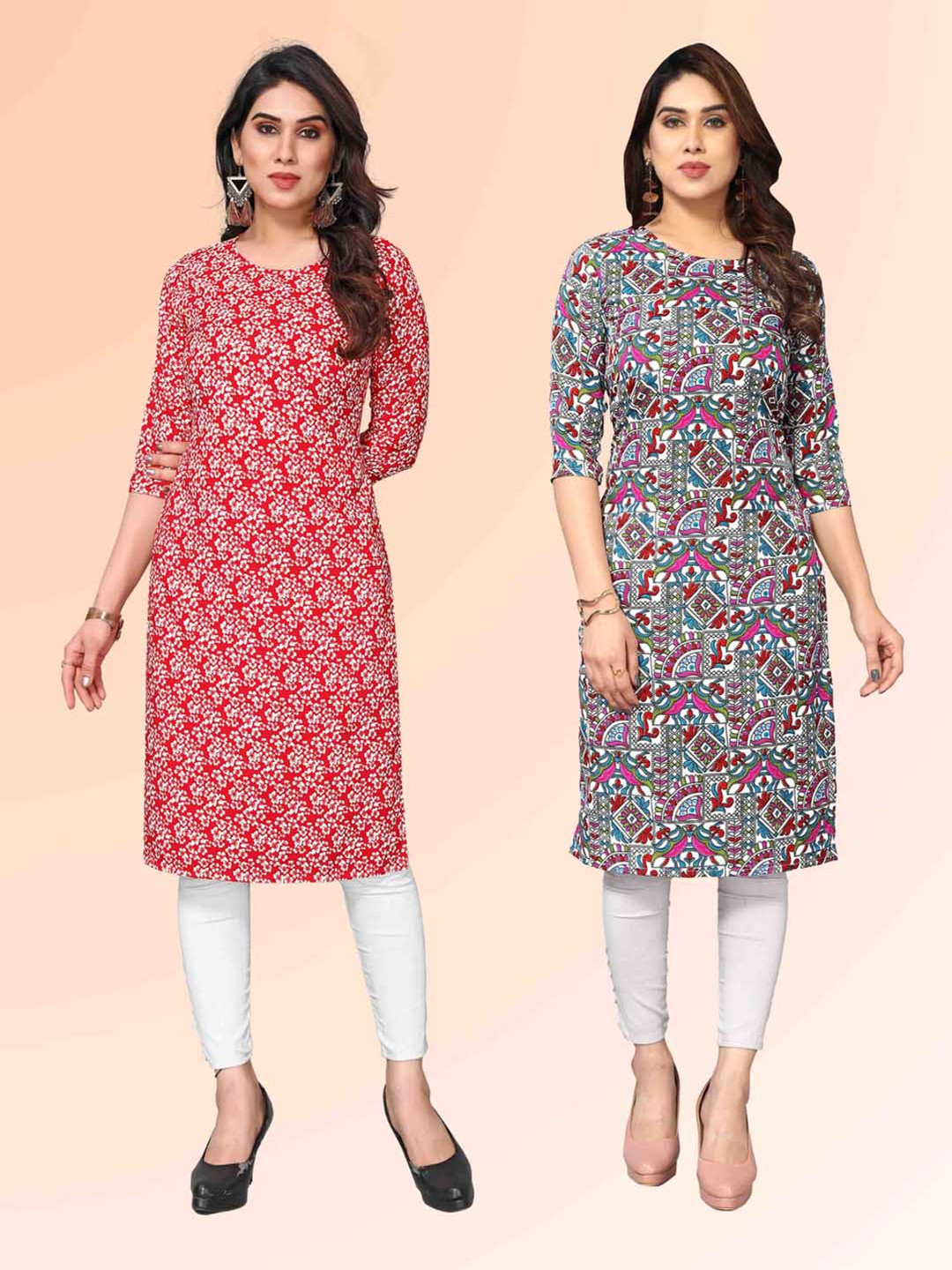 

KETAKI FASHION Selection Of 2 Floral Printed Round Neck Straight Kurtas, Red