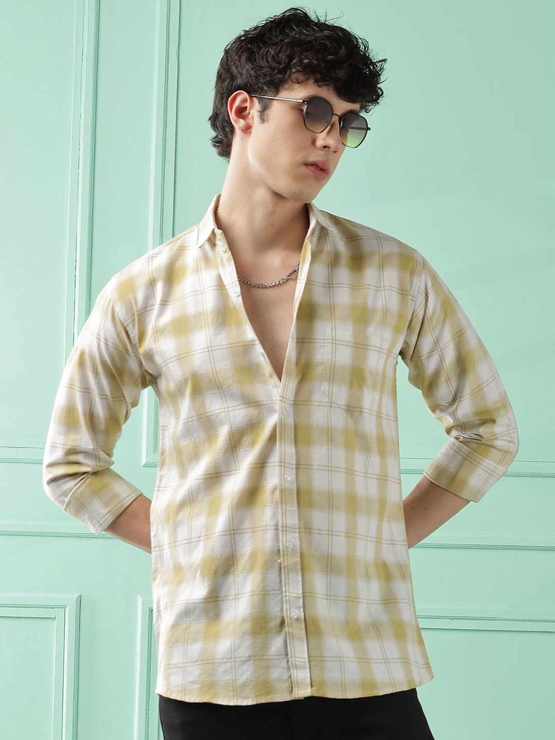 

WOXEN Men Original Fit Spread Collar Tartan Checked Cotton Casual Shirt, Yellow