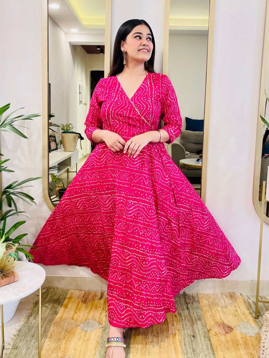 

Bohemian Dream Bandhani Print Angrakha Dress, Fuchsia