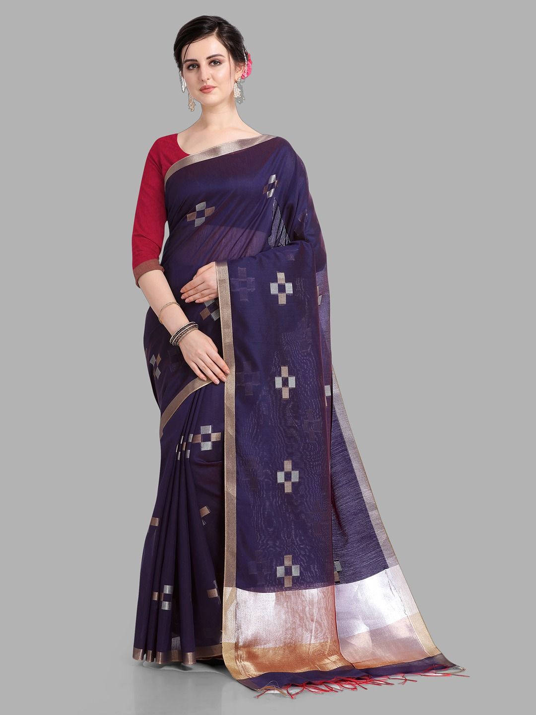 

Krimmple Zari Silk Cotton Banarasi Saree, Navy blue