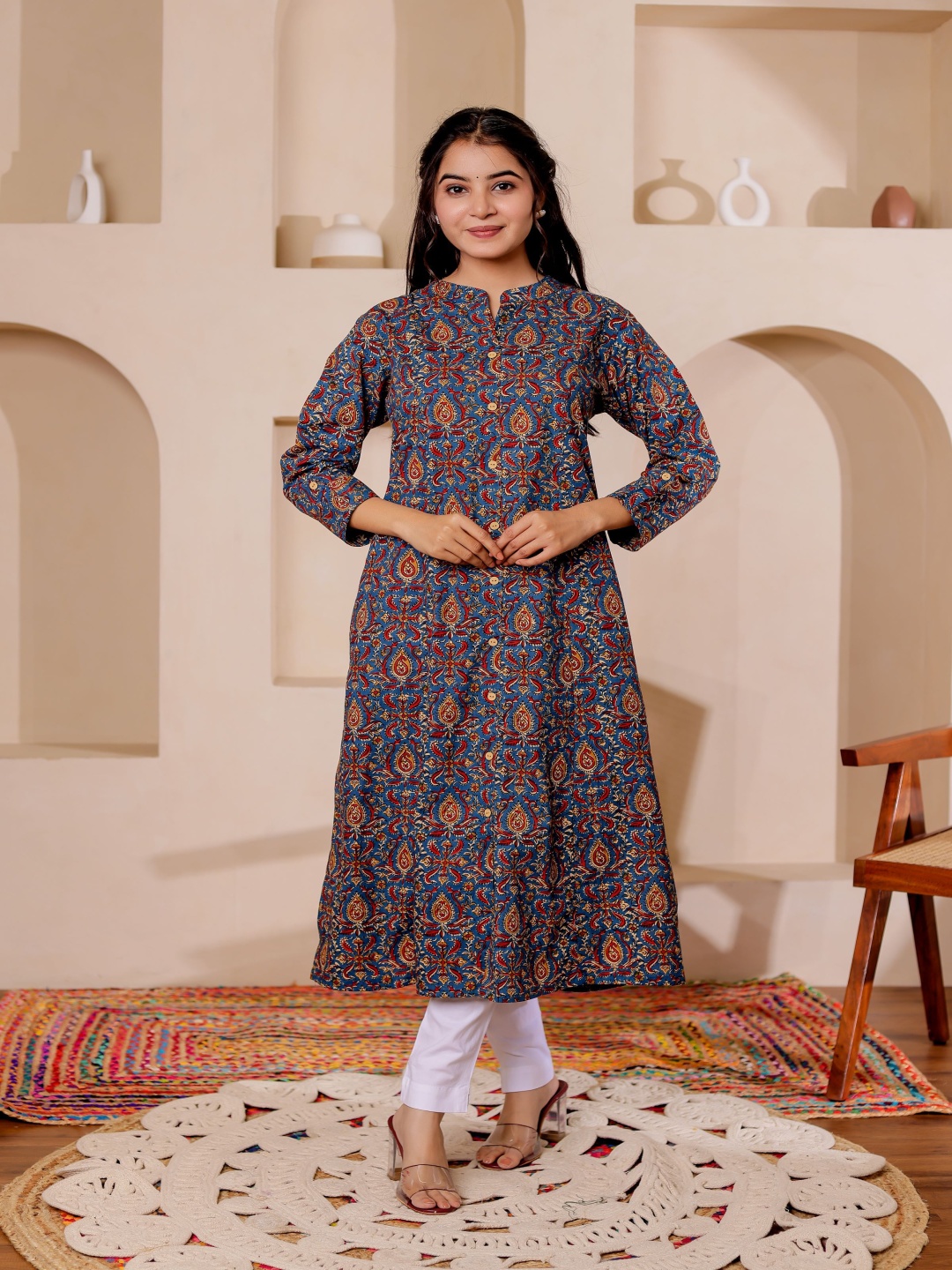 

Chandbaali Women Ethnic Motifs Printed Pure Cotton Mandarin Collar A-Line Kurta, Blue