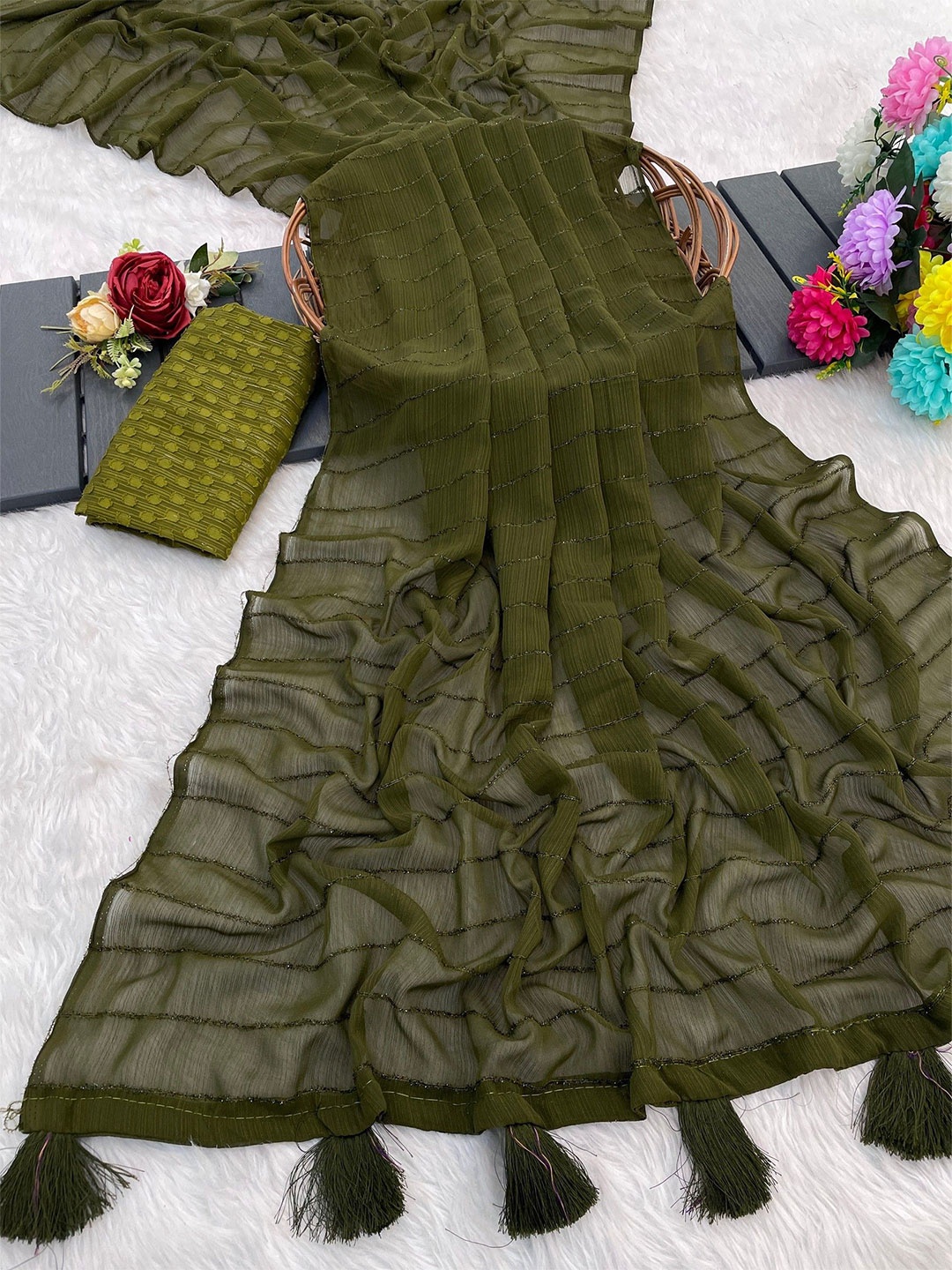 

K 5 Fashion Striped Pure Chiffon Saree, Green