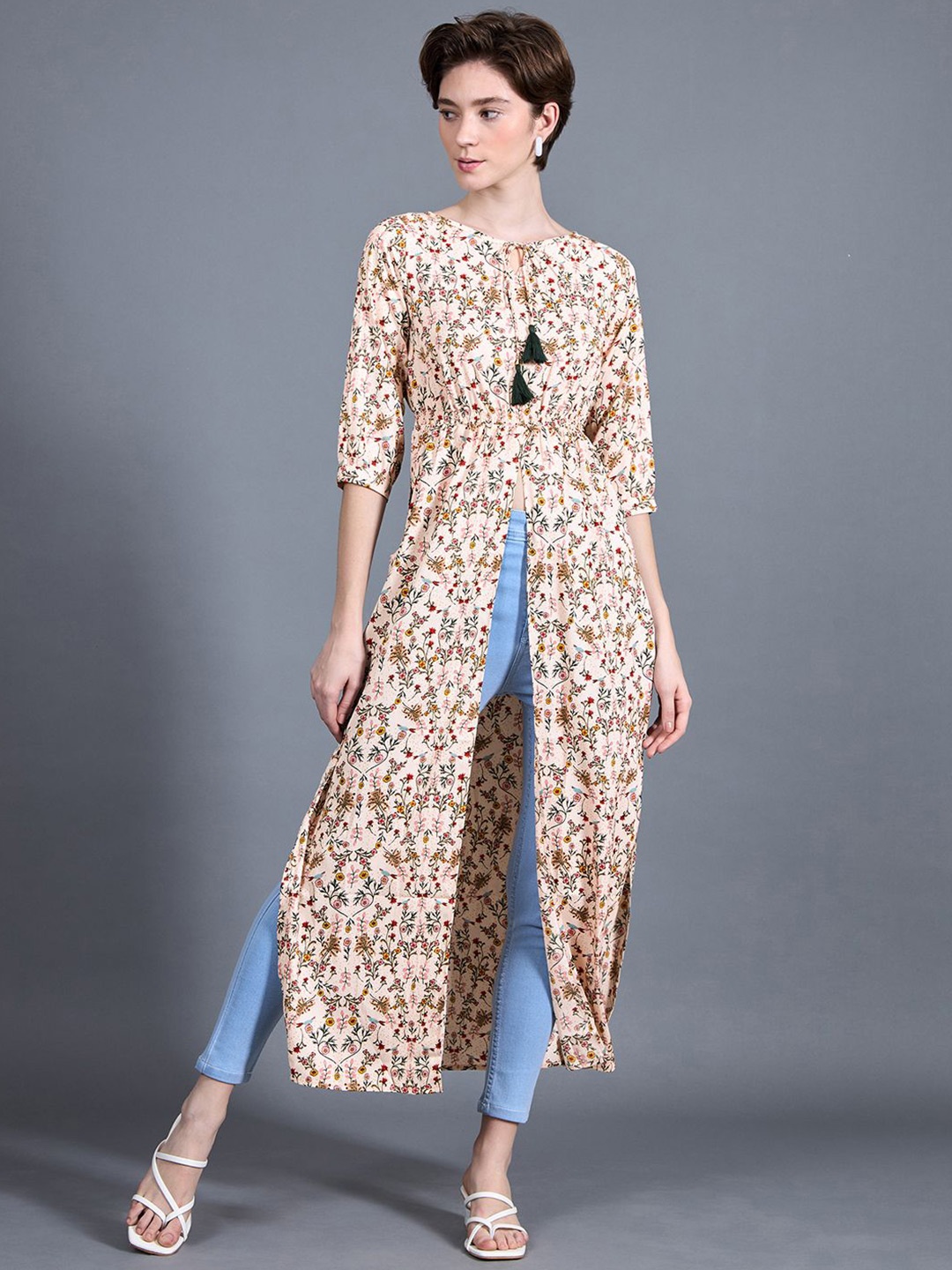 

Miss Chase Women Floral Tie-Up Tassel Detailing Front Slit Maxi Formal Top, Beige