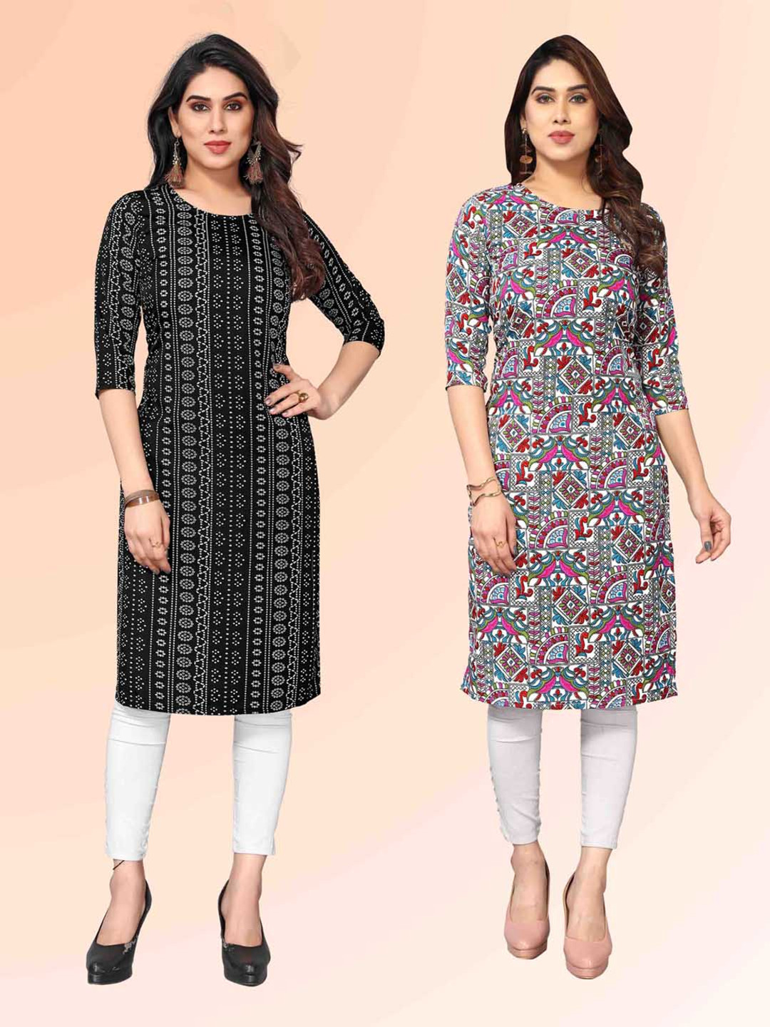 

KETAKI FASHION Selection Of 2 Bandhani Printed Round Neck Straight Kurtas, Black
