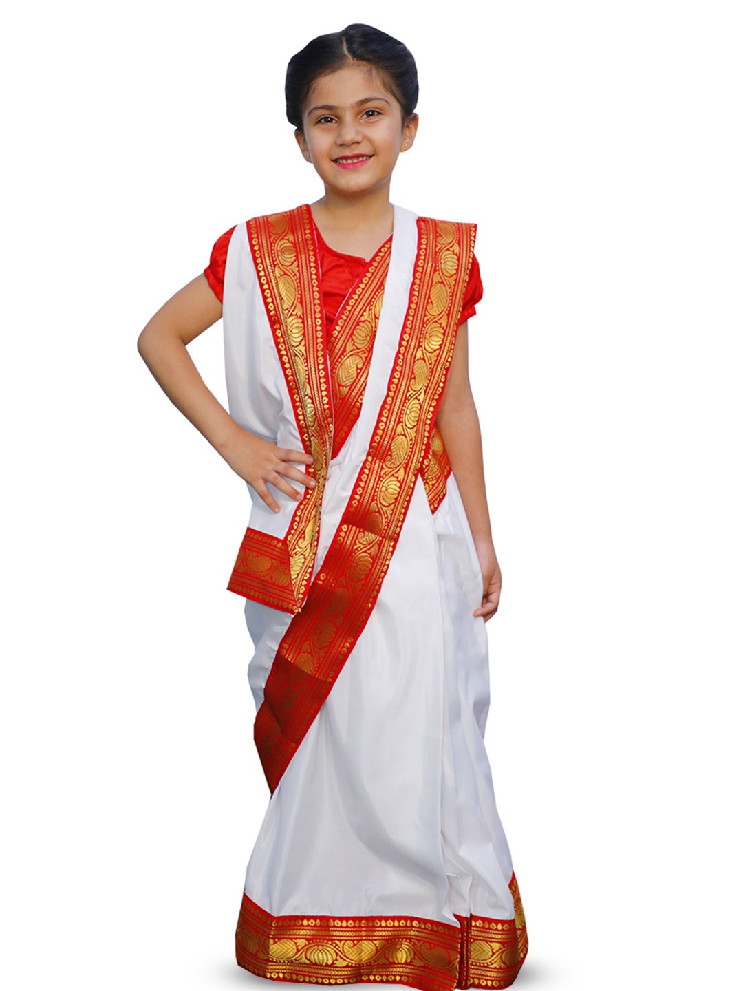 

itsmycostume Bangali saree costume Ready to Wear Saree for Girls, White