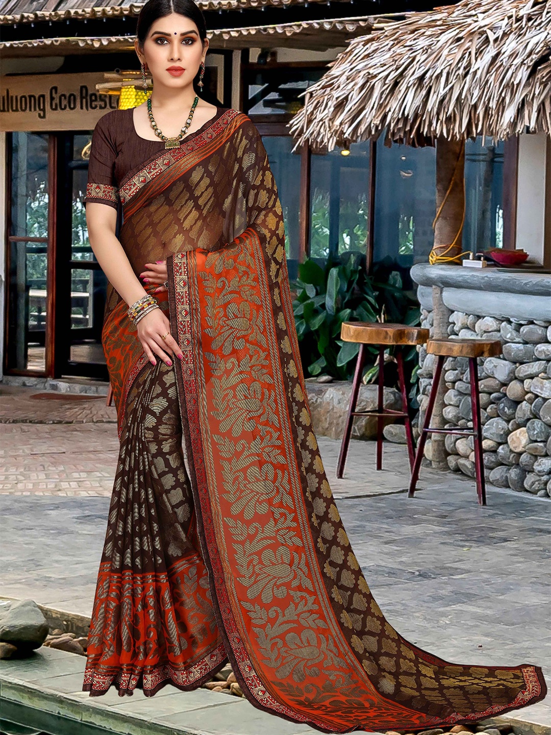 

EMV Ethnic Motifs Pure Chiffon Saree, Brown