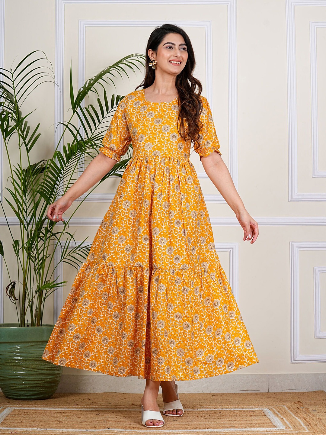 

SITA FASHION HUB Women Printed Fit - Flare Maxi Dress, Yellow