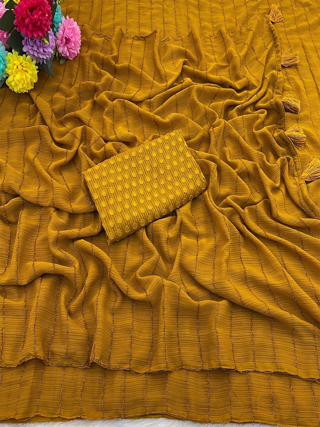 

K 5 Fashion Women Embellished Pure Chiffon Saree, Mustard