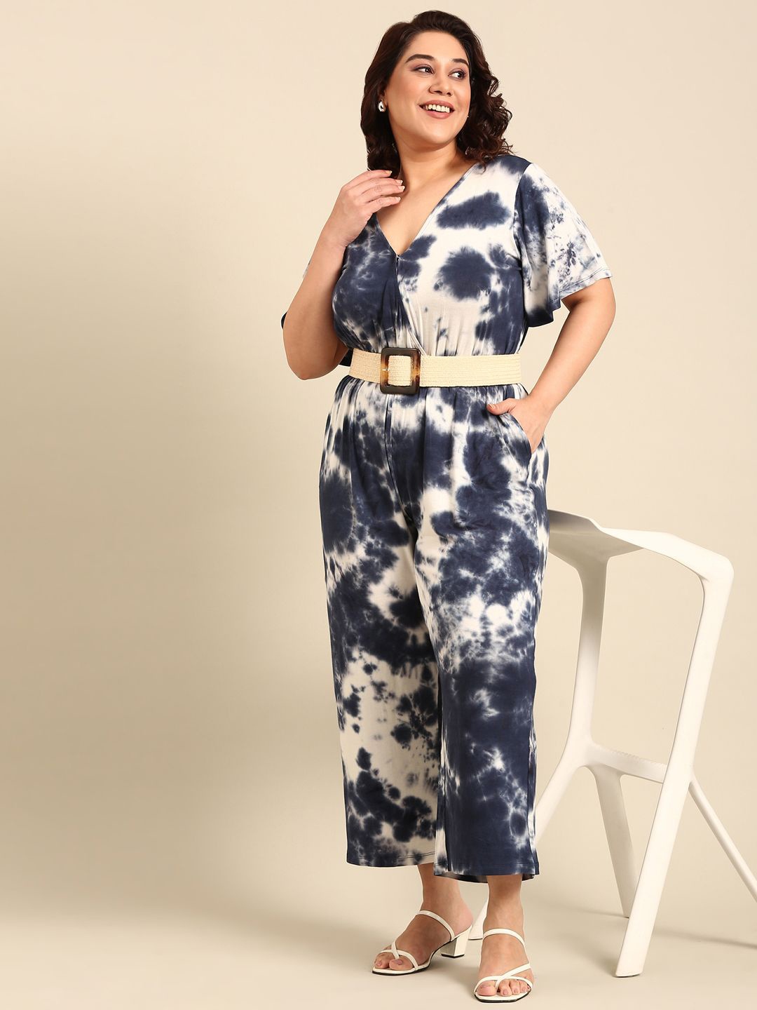 

The Pink Moon Women Tie and Dye Basic Jumpsuit, Blue