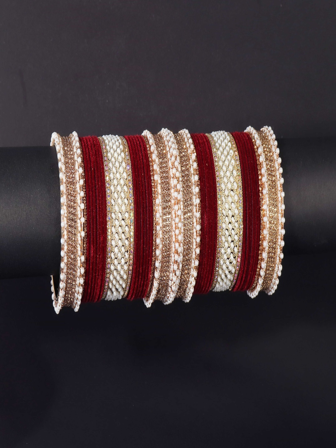 

ZULKA Set Of 34 Zircon Diamond Kundan Stone Studded & Beaded Chuda Bangles, Maroon