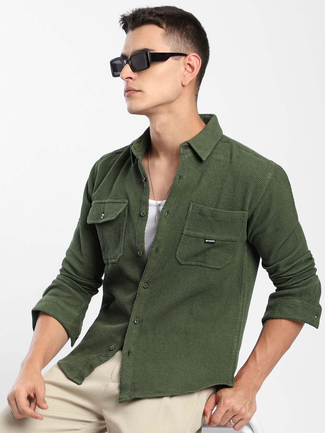 

Beyoung Men Spread Collar Textured Cotton Casual Shirt, Olive