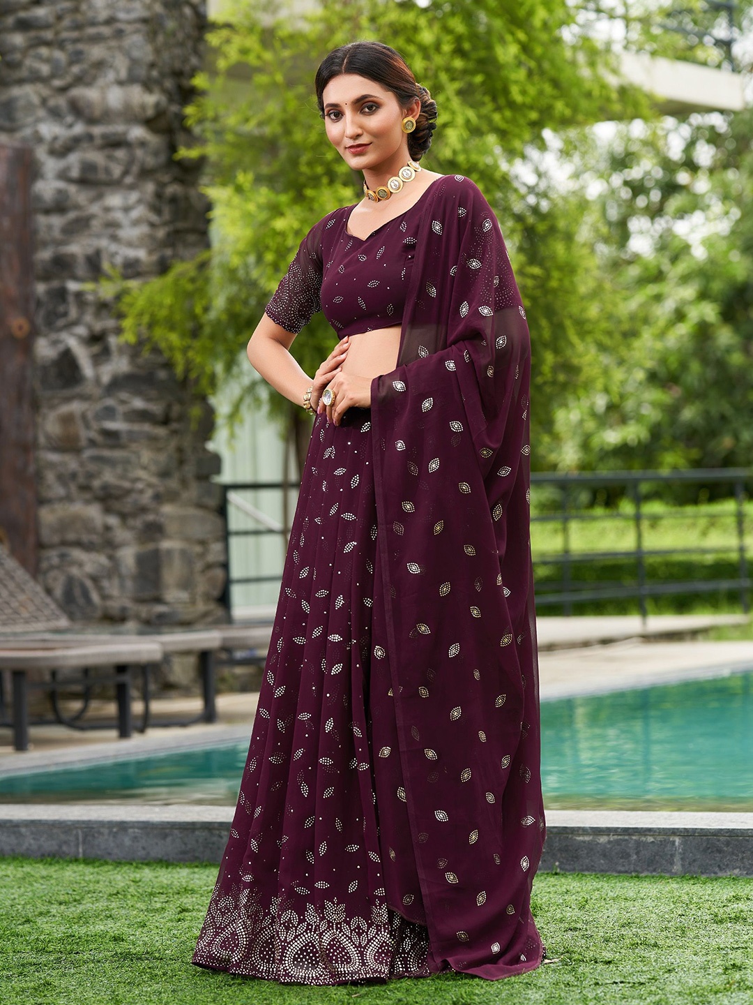 

KALINI Embroidered Thread Work Semi-Stitched Lehenga & Unstitched Blouse With Dupatta, Purple